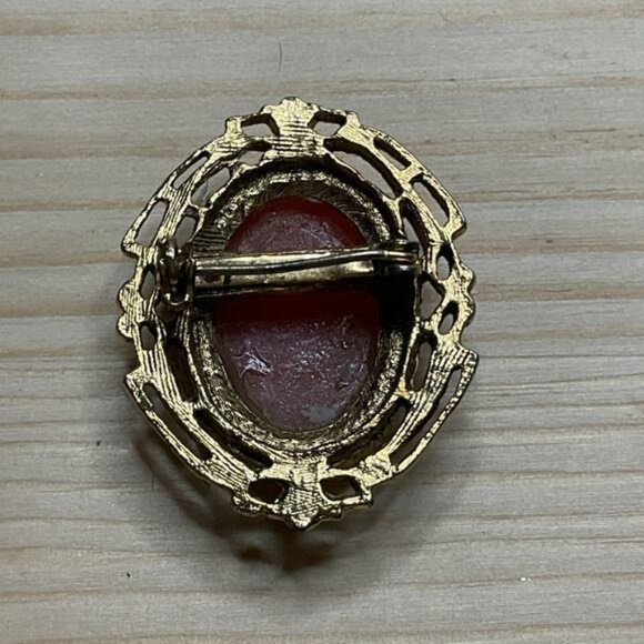 Vintage Cameo Brooch Pin With Gold-Tone Frame & Red Background - Picture 2 of 3